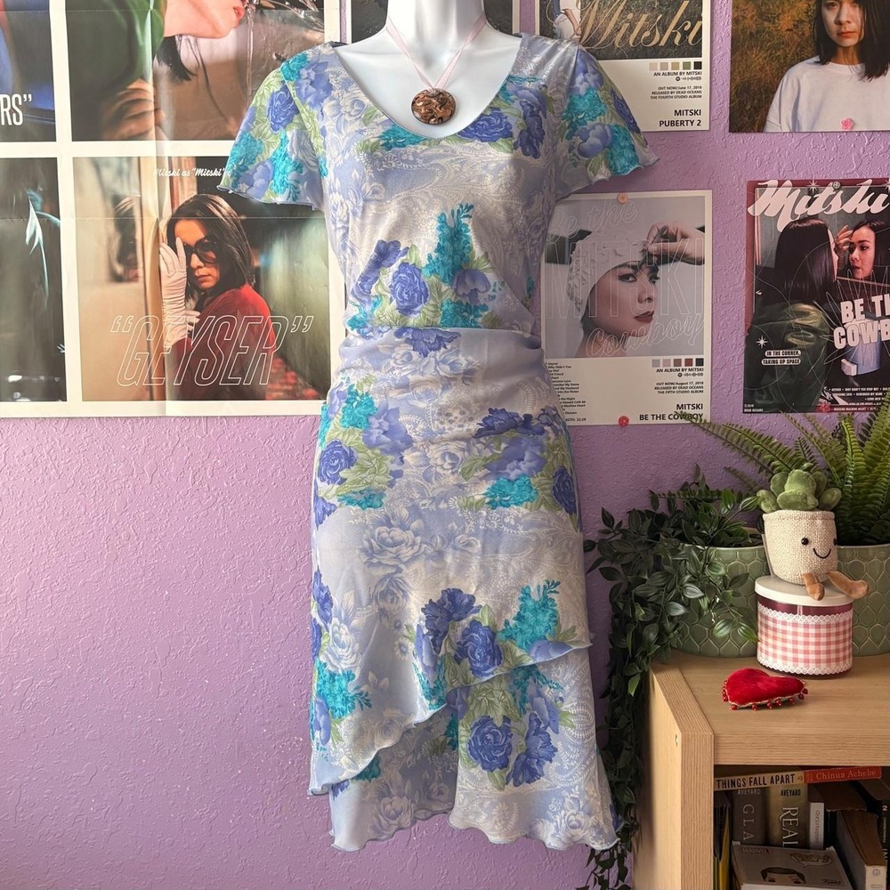Vintage Dressbarn Blue Floral Layered Midi Dress Size 8